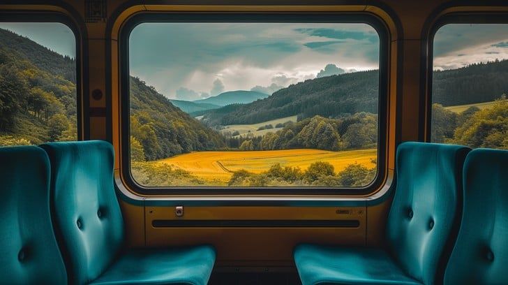 View from a train window of cinematic mountain valley and golden fields